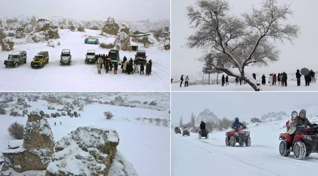 Kapadokya karla kaplandı: Keyfini turistler çıkardı