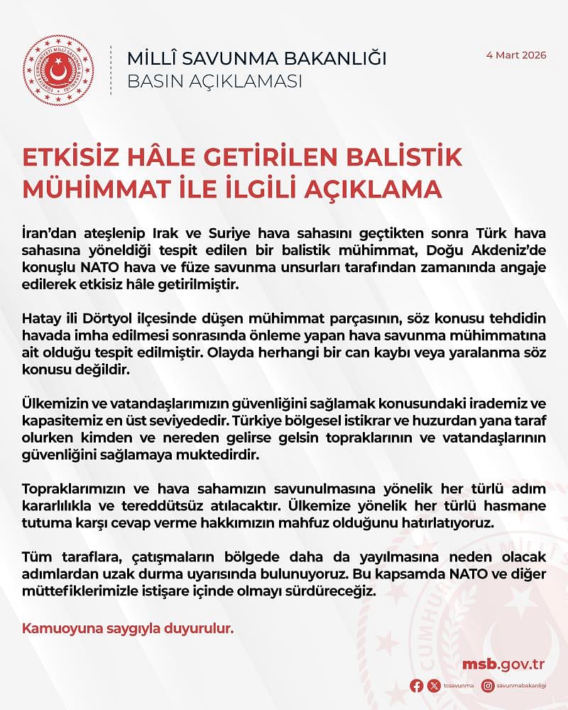 Milli Savunma Bakanlığı açıkladı: 'İran'dan ateşlenen balistik mühimmat Hatay'da düştü'-1