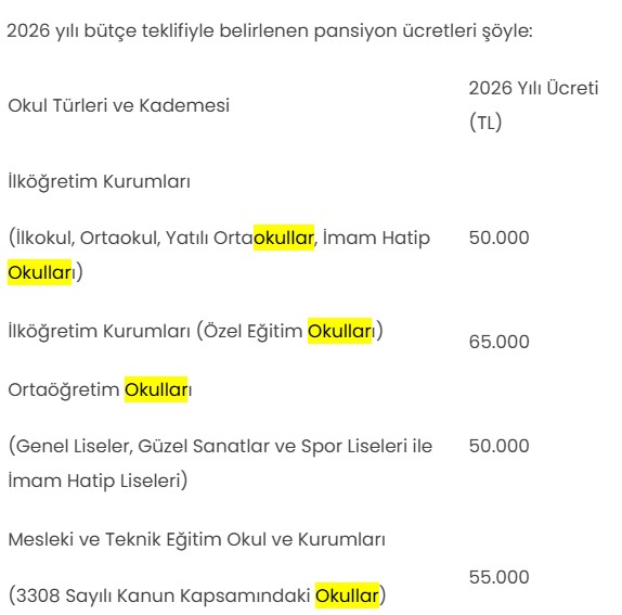 Okulların 2026 yılı pansiyon ücretleri belirlendi-1