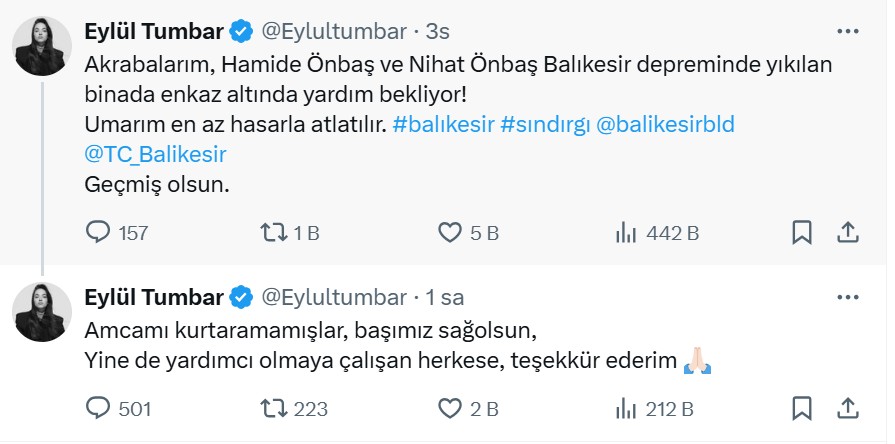 Oyuncu Eylül Tumbar duyurdu: Depremde amcası hayatını kaybetti-1