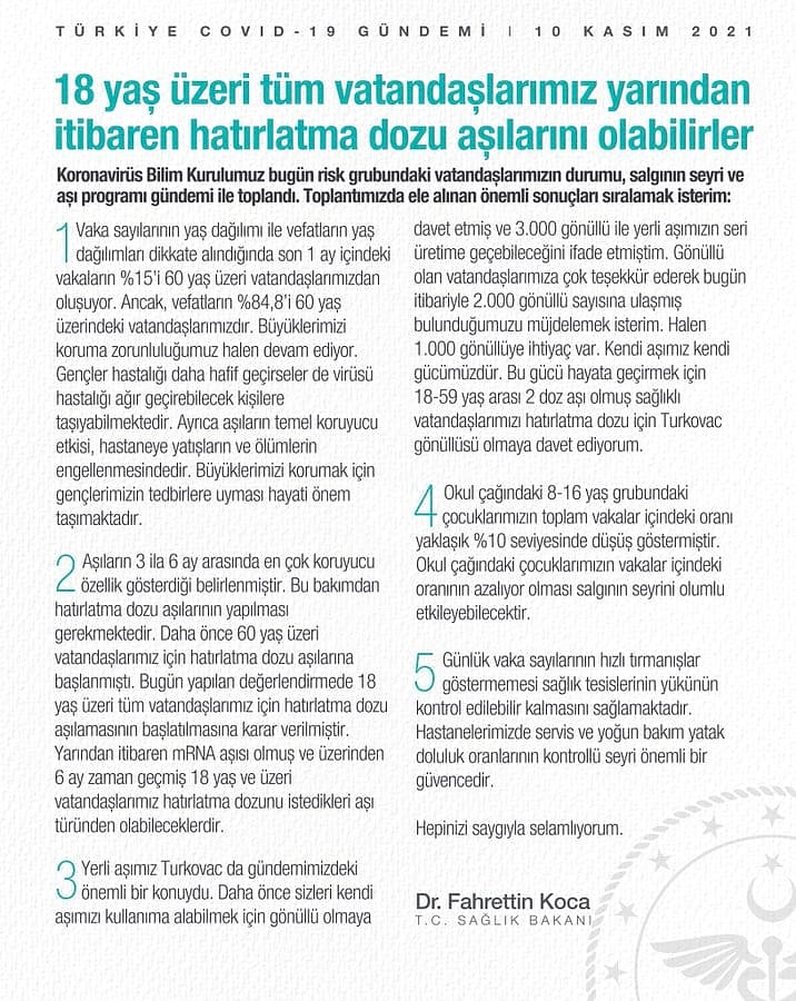 18 yaş ve üzeri herkes yarından itibaren hatırlatma dozlarını olabilecek-0