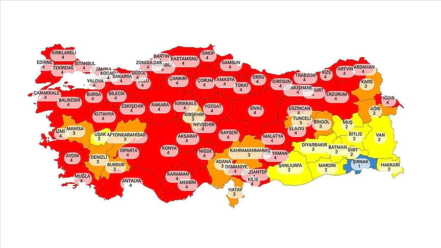 58 il çok yüksek riskli grubunda: Mavi kategoride tek bir il var