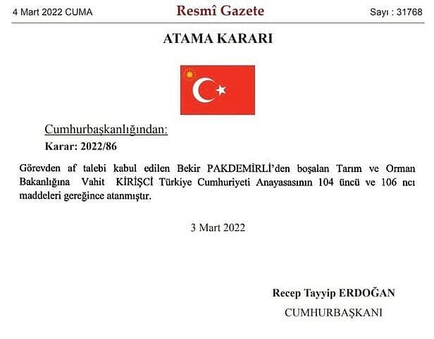 Tarım ve Orman Bakanı değişti: Pakdemirli ayrıldı, Kirişci atandı-0