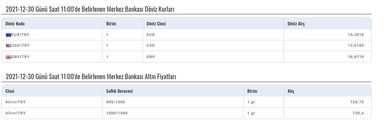 Merkez Bankası günlük kur rakamı ve altın fiyatını açıkladı (30 Aralık) -0