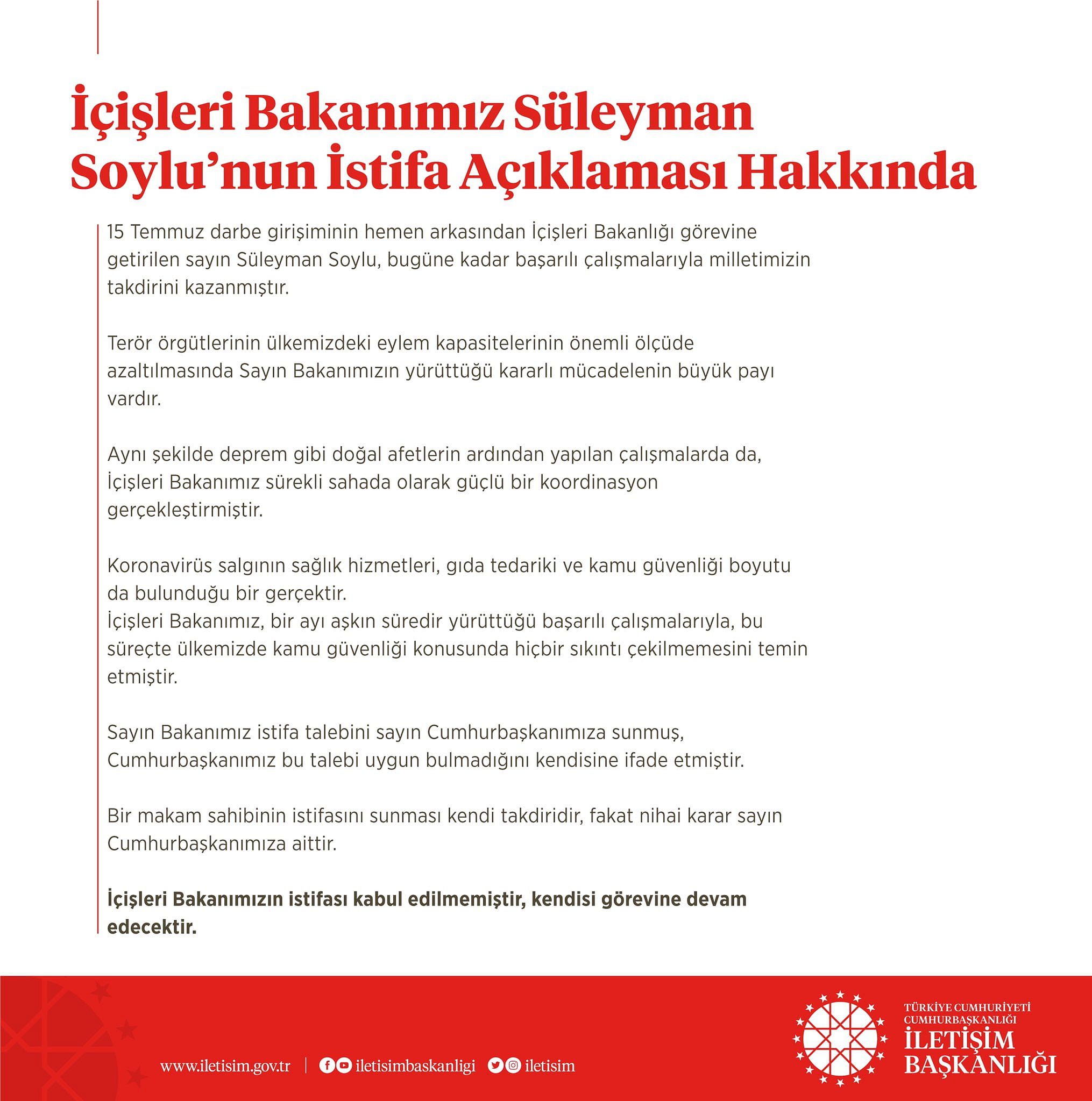 İletişim Başkanlığı açıkladı... Bakan Süleyman Soylu'nun istifası kabul edilmedi-0