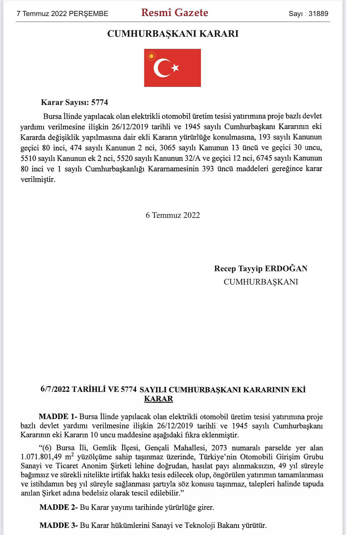 TOGG'la ilgili iki yeni karar Resmi Gazete'de-1
