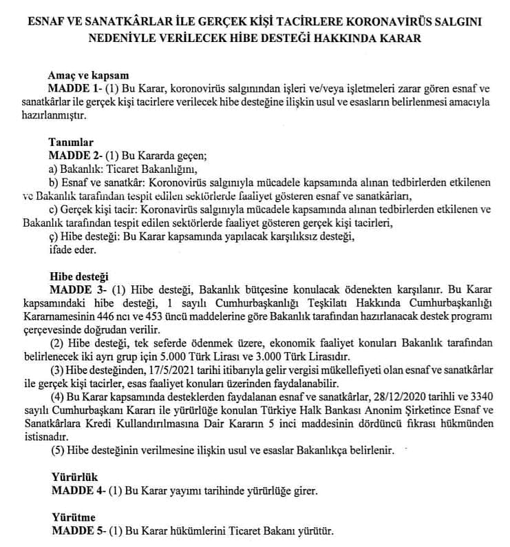 Esnafa hibe desteği Resmi Gazete'de-0